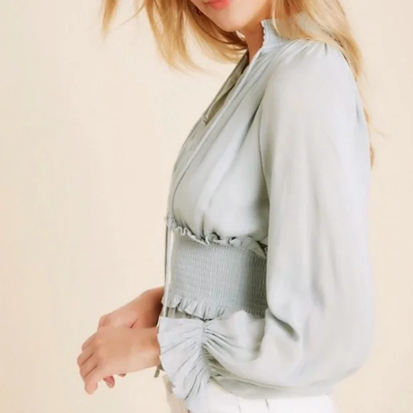 Y2K Smocked High Collar Long Sleeve Blouse - Picture 2 of 10